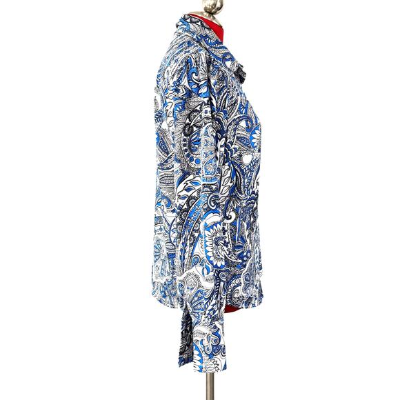 Long Sleeve blue white black paisley blouse shirt top M classic button front - Picture 7 of 8